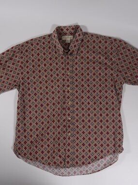 Vintage Patterned Button-Down Shirt - Tan Burgundy Diamond Print 100% Cotton